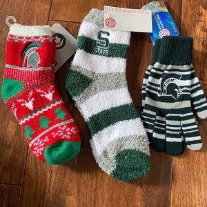 MSU Bundle - 2 pair slipper socks and gloves NWT